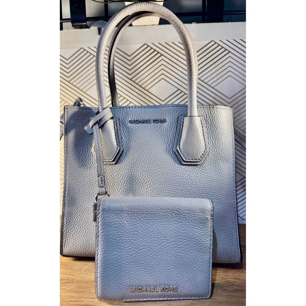 Michael Kors Mercer Small Pebbled Leather Satchel and Trifold Wallet Set Grey